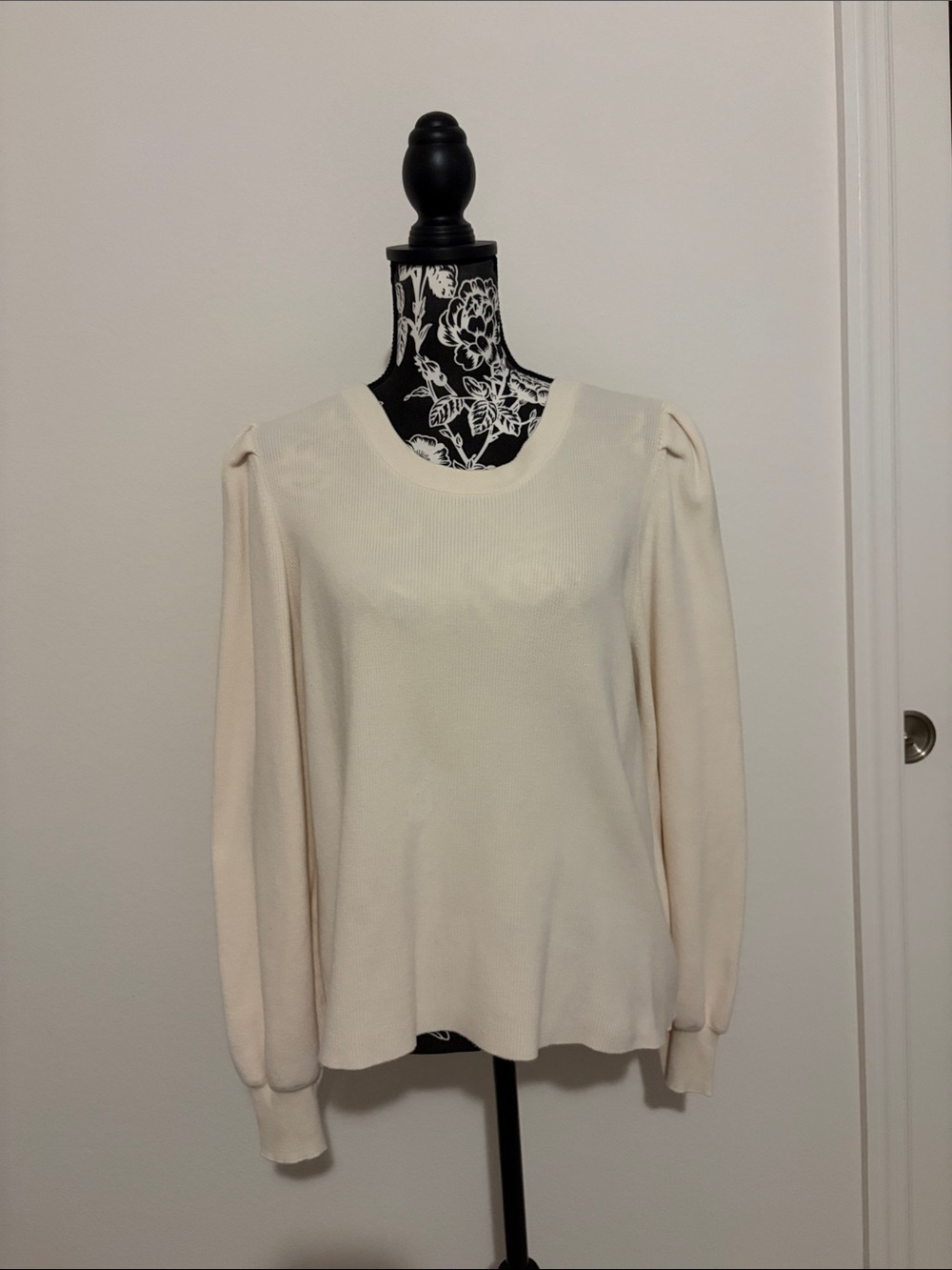 The Limited Cream Long-Sleeve Puff Shoulder Cotton Blend Knit Top